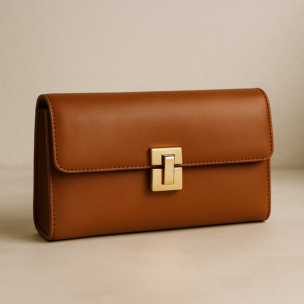Bolsa clutch feminina retangular em couro legítimo marrom com acabamento sofisticado