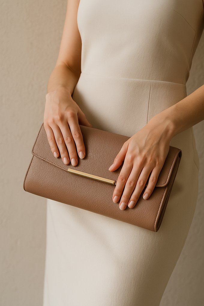 Clutch feminina em couro marrom com fecho dourado